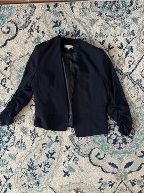 Aniina Navy Open-Front Cropped Blazer with Ruched Sleeves